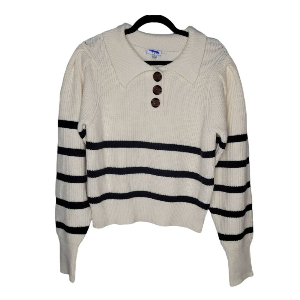 Q&A Womens Cream Black stripe puff sleeve long sleeve sweater size Large